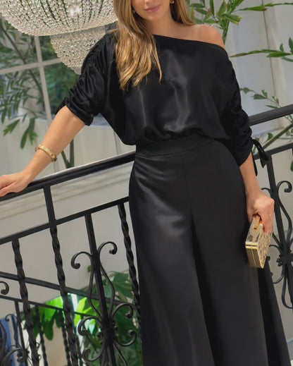 Women's Satin Two Piece Set Convertible Shoulder Drawstring Sleeve Top and Wide Leg Pants Set without Belt