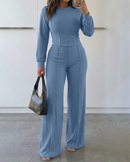 2 Pieces Outfit O-neck Long Sleeve Cinched Waist Sweatshirt and Elastic Waist Wide Leg Pants Set Casual Seam Design Sweatpants Set