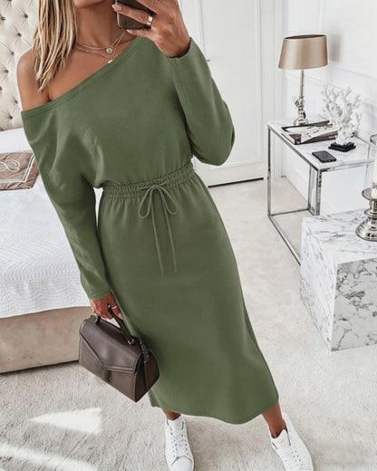 Women's Skew Neck Slit Sweatshirt Dress Casual Long Sleeve Drawstring Waist Midi Dress