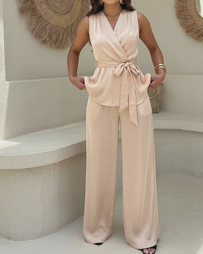 Women's 2 Piece Outfits V Neck Sleeveless Ruched Top and Wide Leg Pants Set Casual Commuting Set with Pockets