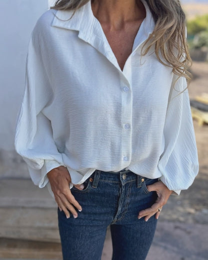 Women's Textured Button Down Shirt Loose Fit Lantern Sleeve Blouse Casual Office Work Top