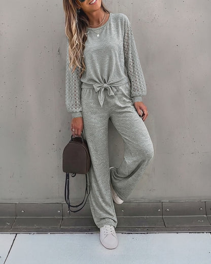 Women's 2 Piece Outfits Lace Patchwork Long Sleeve Top and Knot Front Straight Leg Pants Set Casual Matching Lounge Set