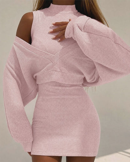 Women's 2 Piece Knit Dress Set Mock Neck Sleeveless Bodycon Mini Dress and Crop Sweater