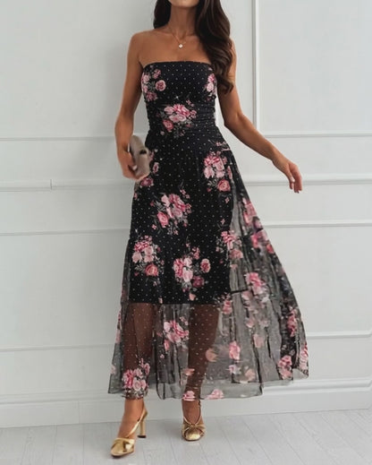 Women's Floral Strapless Mesh Dress Rhinestone Ruffle Hem Vacation Dress Cocktail Party Dress with Detachable Clear Straps