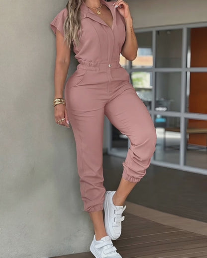 Women's Short Sleeve Zipper Front Jumpsuit Stand Collar Elastic Waist Jogger Jumpsuit with Pockets