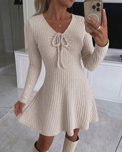 Women's V Neck Drawstring Long Sleeve Ribbed A Line Mini Dress