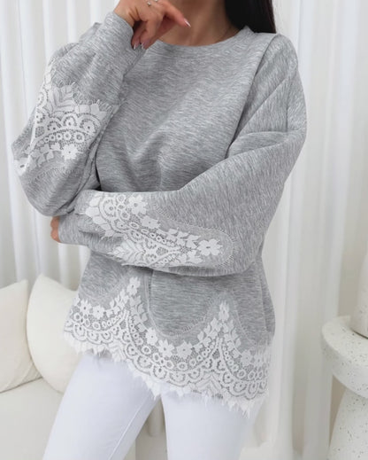 Women's Lace Trim Oversized Sweatshirt Drop Shoulder Long Sleeve Pullover Loose Fit Casual Crewneck Top