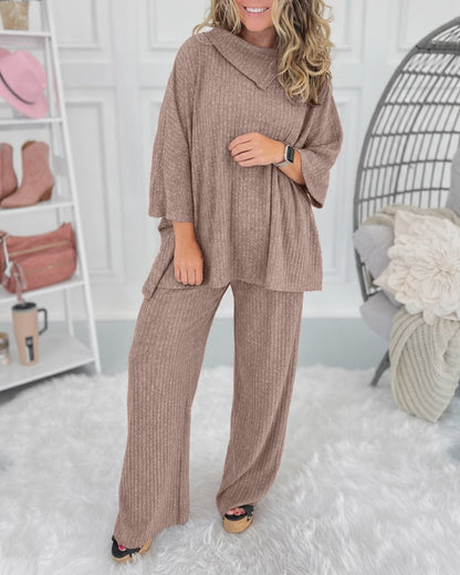 Women's 2 Piece Ribbed Knit Set Asymmetrical Zipper Turtleneck Batwing Sleeve Top and Pants Casual Loungewear
