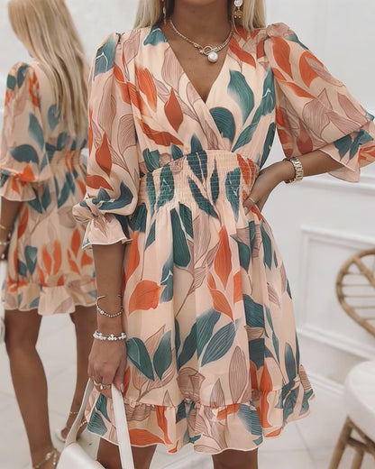 Women's Colorblock Leaf Print Midi Dress Overlap V-Neck Three Quarters Sleeve Shirred Waist Ruffle Hem A-Line Vacation Dress