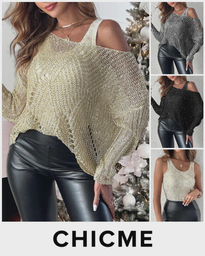 2 Piece Hollow-out Pullover Top Inner Tank Open-Knit Sweater Blouse Set