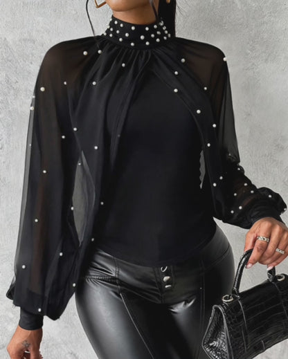 Pearls Decor High Neck Chiffon Draped Cape-style Cloak Sleeve Spliced Tee Ruched Hollow-out Back Slim Fit Top
