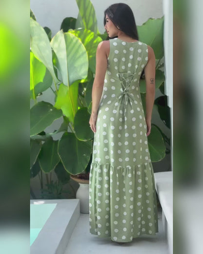 Women's Polka Dot Maxi Dress Casual Sleeveless Lace up Back Vacation Dress Elegant Ruffle Hem Loose A Line Long Sundress