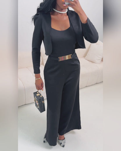 2 Pieces Outfit Metal Decor Square Neck Thick Strap Zipper Back Cinched Waist Wide Leg Jumpsuit And Casual Crop Cardigan Set