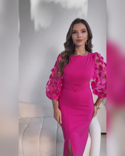 3D Polka Dot Appliques Mesh Lantern Sleeve Zipper Back Slit Work Dress Cinched Waist Slim Fit Mid Length Dress With Belt