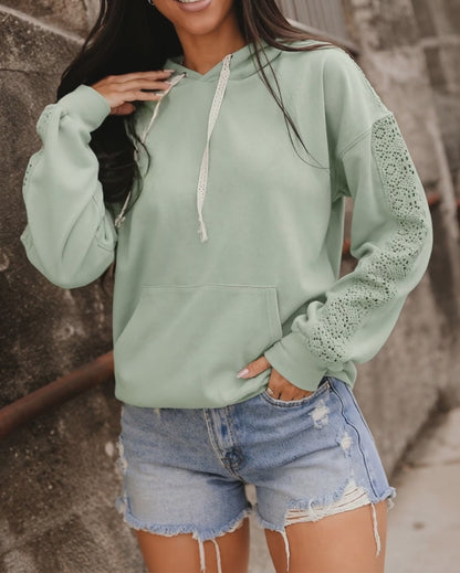 Women's Lace Splice Hoodie Drawstring Pullover Sweatshirt with Kangaroo Pocket