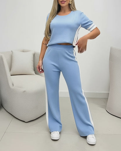 Women's Contrast Stripe 2 Piece Knit Outfits Short Sleeve Crewneck Top and Wide Leg Pants Set Casual Loungewear