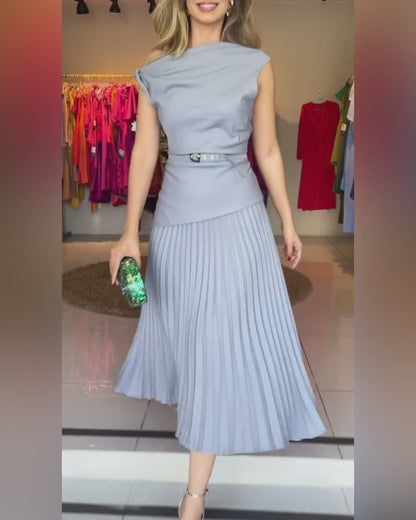 Women's Elegant 2 Piece Outfits Skew Neck Twist Top and Pleated Midi Skirt Set with Belt Evening Party Suit