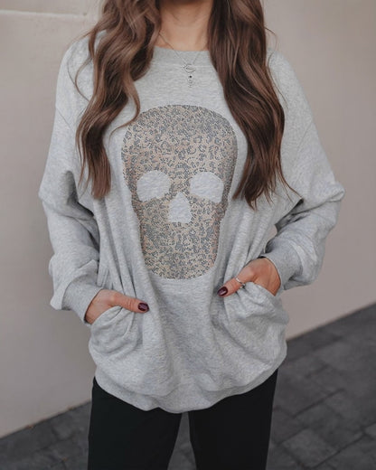 Women's Rhinestone Skull Graphic Loose Sweatshirt Drop Shoulder Crewneck Pullover Top