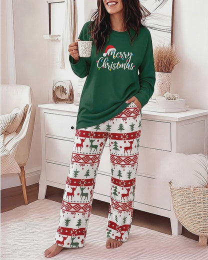 Women's Two Piece Pajamas Set Slogan Print Top and Christmas Print Pants Casual Lounge Set
