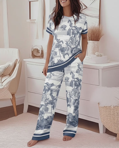 2 Pieces Outfit Short Sleeve Top and Elastic Waist Pants Set Casual Ink Plants & Animal Placement Print Contrast Paneled Pajamas Set