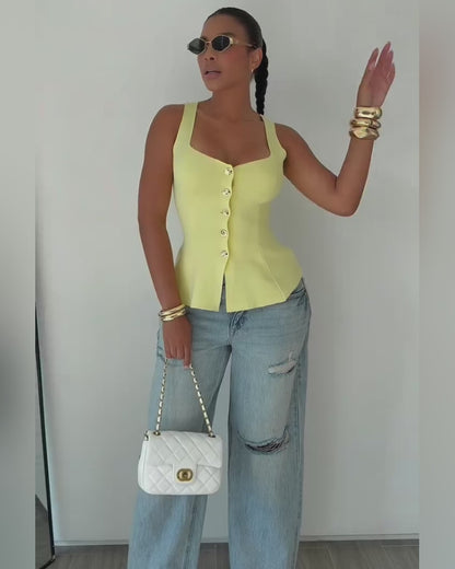 Women's Square Neck Knit Tank Top Gold Button Cinch Waist Peplum Vest