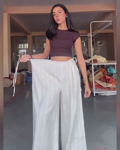 Women's High Waisted Drawstring Jacquard Wide Leg Pants