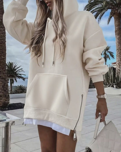 Long Sleeve Pocket Design Pullover Sweatshirt Casual Faux Two Piece Longline Drawstring Hooded Top