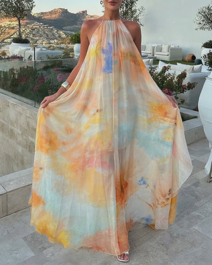 CHICME Women's Tie Dye Print Chiffon Maxi Dress Halter Neck Backless Tied Flowy A-Line Long Dress for Vacation