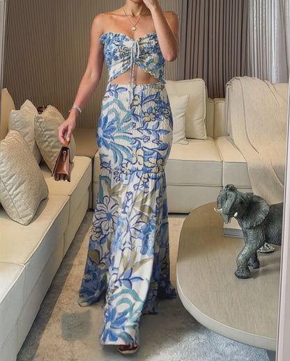 CHICME Women's Tropical Floral Bandeau Dress Sexy Drawstring Cutout Shirred Waist Mermaid Dress Ruffle Hem Vacation Maxi Dress