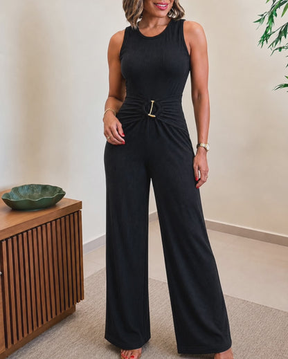 Women's Hollow-out Ribbed Wide Leg Jumpsuit Sleeveless Gold Ring Overalls