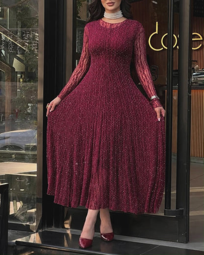 Vestido largo de noche de línea A para mujer, con cuello redondo, mangas largas de encaje, strass y textura