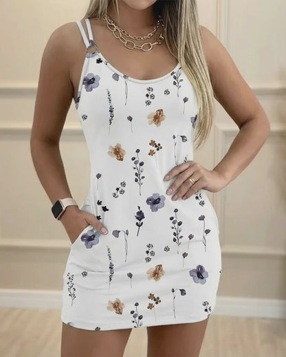 Watercolor Floral Print U-Neck Double Spaghetti Straps Backless Mini Dress