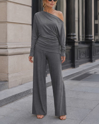 Conjunto informal de 2 piezas para mujer, con top de escote asimétrico fruncido y bajo asimétrico, y pantalones de pierna ancha