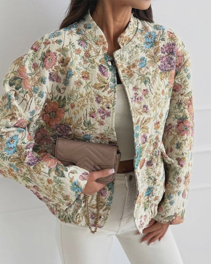 Women's Vintage Floral Jacquard Jacket Elegant Stand Collar Snap Button Loose Fit Coat