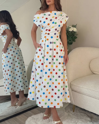 Women's Skew Neck Midi Dress Ruched Polka Dot Vacation Dress High Waisted A-Line Sundress with Pockets
