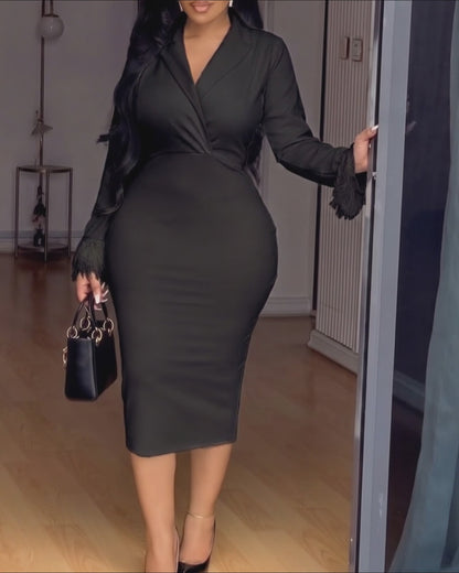 Women's Shawl Lapel V Neck Long Sleeve Midi Dress Elegant Sequin Tassel Cuffs Slit Bodycon Work Dress