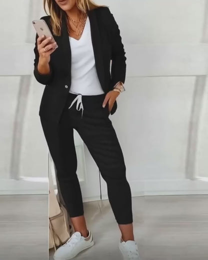 2 Pieces Outfit Shawl Collar Single Breasted Pockets Design Blazer Coat And Drawstring Elastic Waist Slim Fit Pants Set