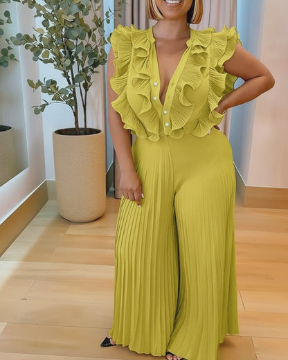 Ruffles Spliced V-Neck Sleeveless Button Front Pleated Overalls Casual Zipper Back Wide Leg Jumpsuit