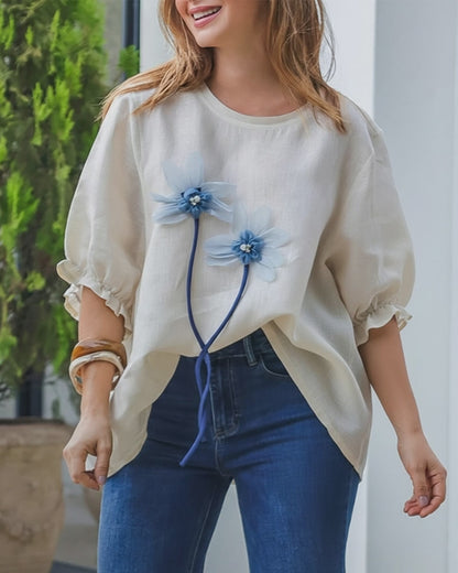 Pearls & Rhinestone Decor 3D Floral Appliques Frill Hem Cuffs Linen Tee Casual Loose Fit Top