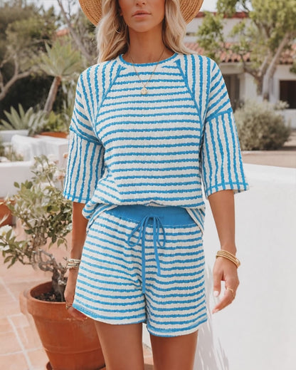 Women's Striped Textured 2 Piece Set Crewneck Raglan Half Sleeve Top and Elastic Drawstring Shorts Casual Loungewear