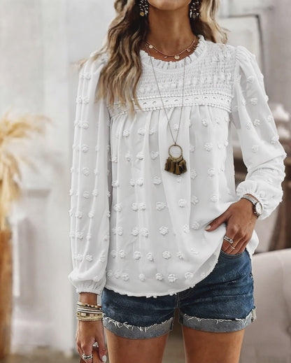 Women's French Style Chiffon Blouse Elegant Frill Trim Stand Collar Top Lantern Sleeve Lace Patchwork Jacquard Shirt