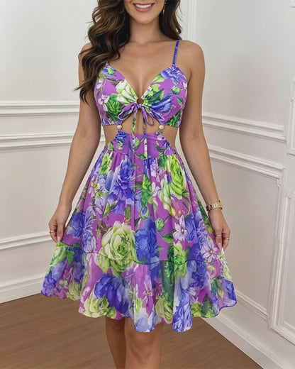 Women's Floral Print Sweetheart Neck Vacation Dress Sexy Cutout Backless A-Line Sundress Casual Tied Detail Cami Dress