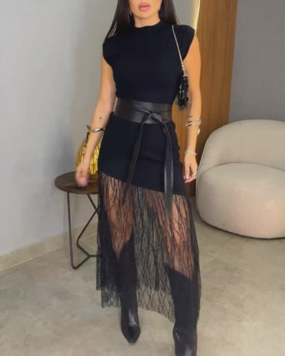 Women's Knit Lace Hem Maxi Dress Elegant Mock Neck Cap Sleeve Party Dress