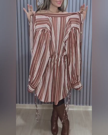 Women's Striped Shirt Dress Button Down Long Sleeve Shirred Waist Casual Dress