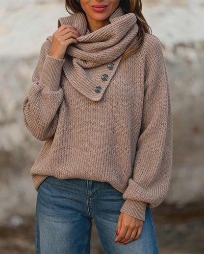 Women's Wrap-Style Cowl Collar Knit Sweater Casual Pullover