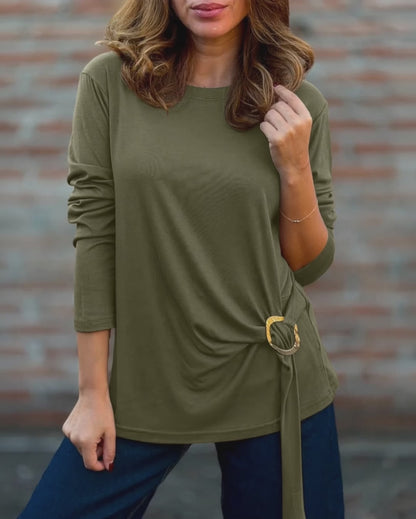 Women's Crewneck Long Sleeve Loose Fit Top Side Buckle Ruched Draped Tie Detail Casual Tee