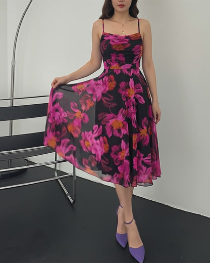 Vintage Oil Painting Floral Print Cowl Neck Adjustable Spaghetti Straps A Line Dress Elegant Cinched Waist Zipper Back Party Dress