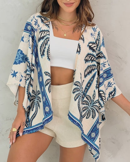 Vintage Tropical Plants & Floral Print Open Front Half Sleeve Cover-up Casual Hollow-out Back Loose Fit Cardigan