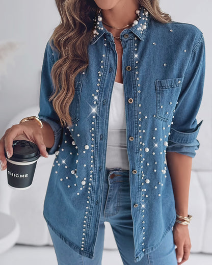 Pearls & Rhinestone Decor Turn-down Collar Button Front Denim Shirt Coat Casual Top
