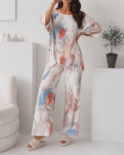 Women's 2 Piece Marble Print Pajama Set Half Sleeve Side Slit Top and Straight Leg Pants Casual Loungewear